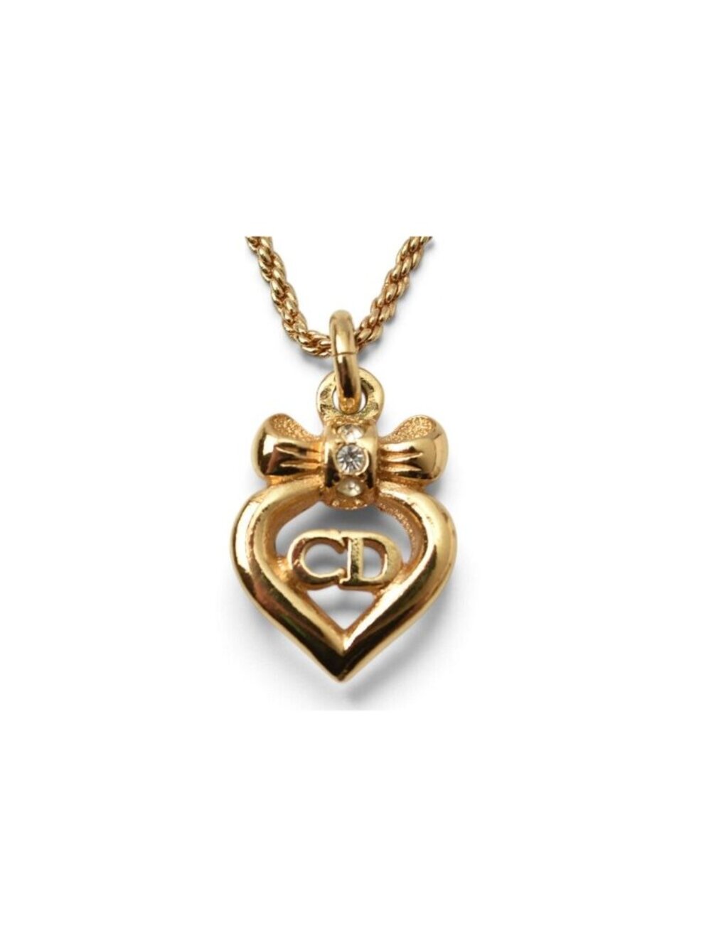 Dior Necklace Vintage CD Logo Heart Ribbon Rhinestone